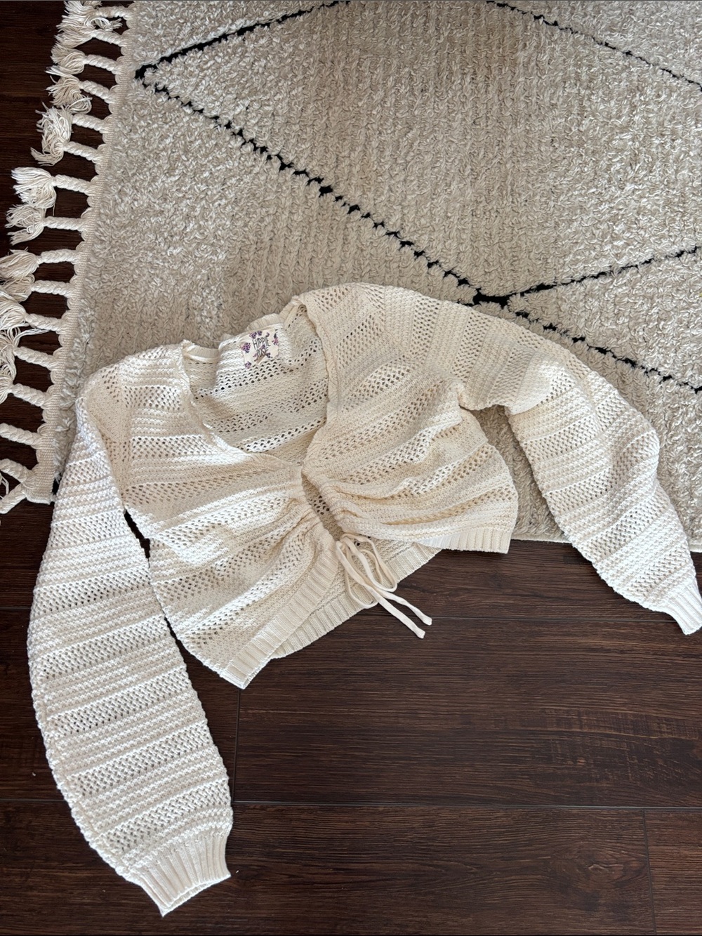 Hippie Rose Cream Crochet V-Neck Tie-Front Sweater